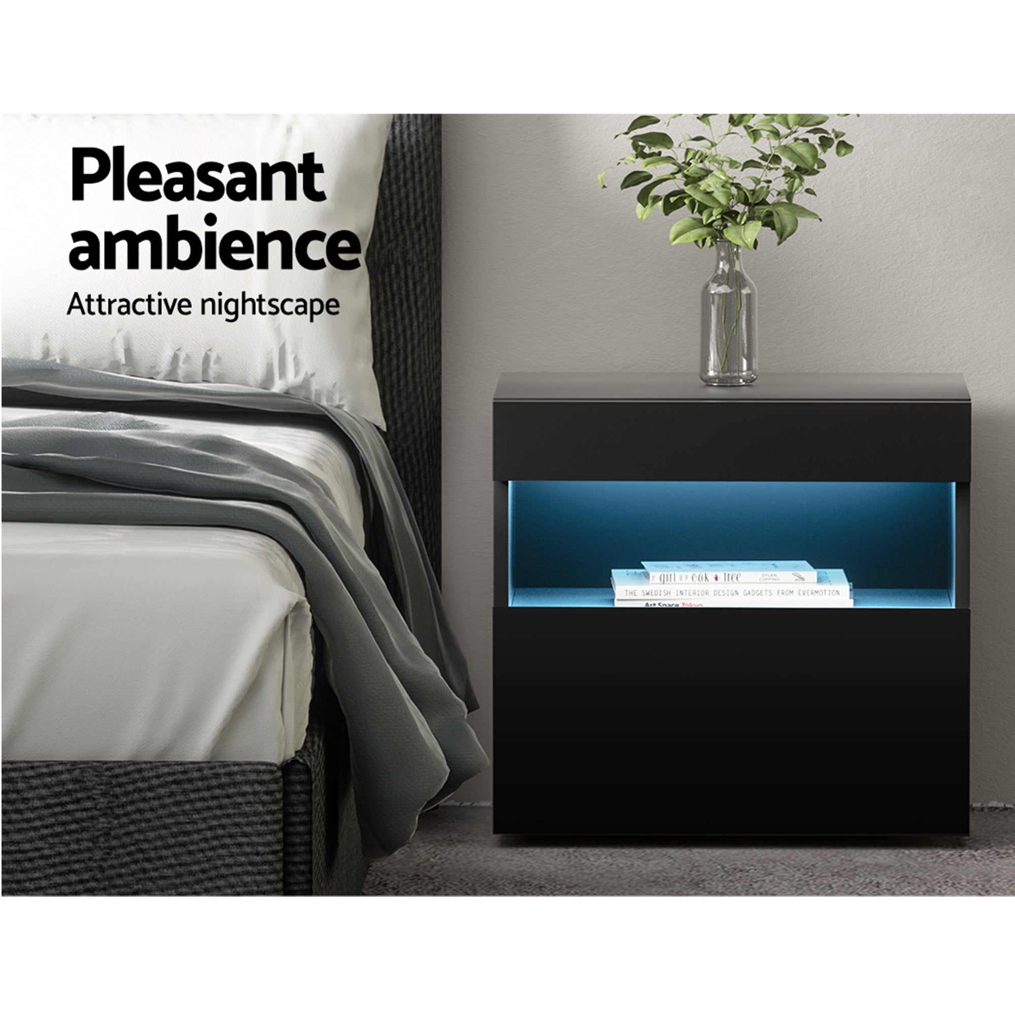 2x Bedside Table LED - HERES Black - Furniture > Bedroom > Bedside Tables - Rivercity House & Home Co. (ABN 18 642 972 209) - Affordable Modern Furniture Australia