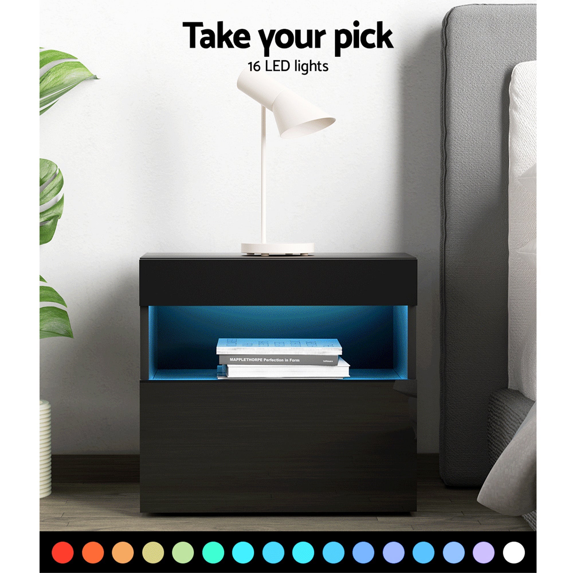 2x Bedside Table LED - HERES Black - Furniture > Bedroom > Bedside Tables - Rivercity House & Home Co. (ABN 18 642 972 209) - Affordable Modern Furniture Australia