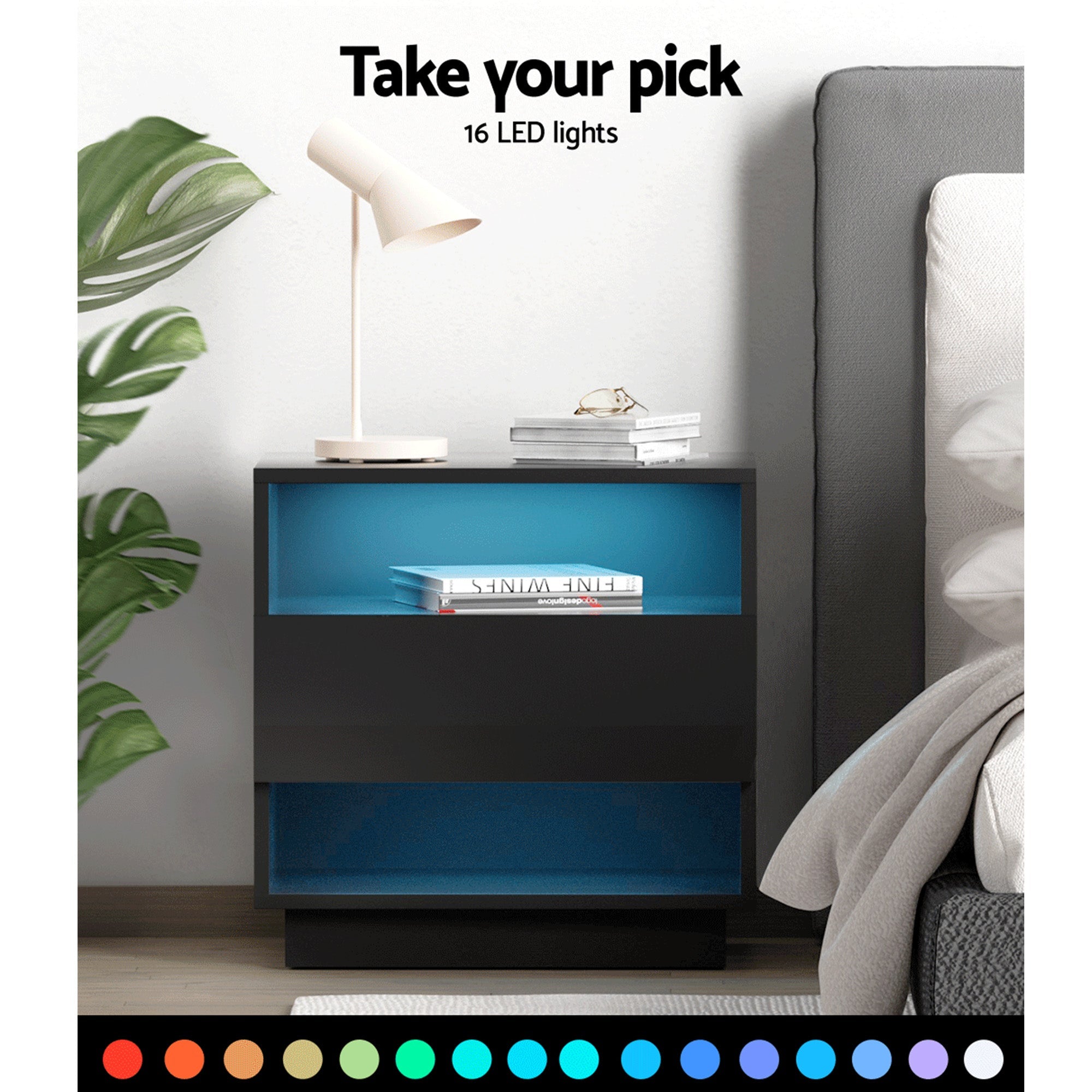 2x Bedside Table LED with 2 Shelves - HANA Black - Furniture > Bedroom > Bedside Tables - Rivercity House & Home Co. (ABN 18 642 972 209) - Affordable Modern Furniture Australia