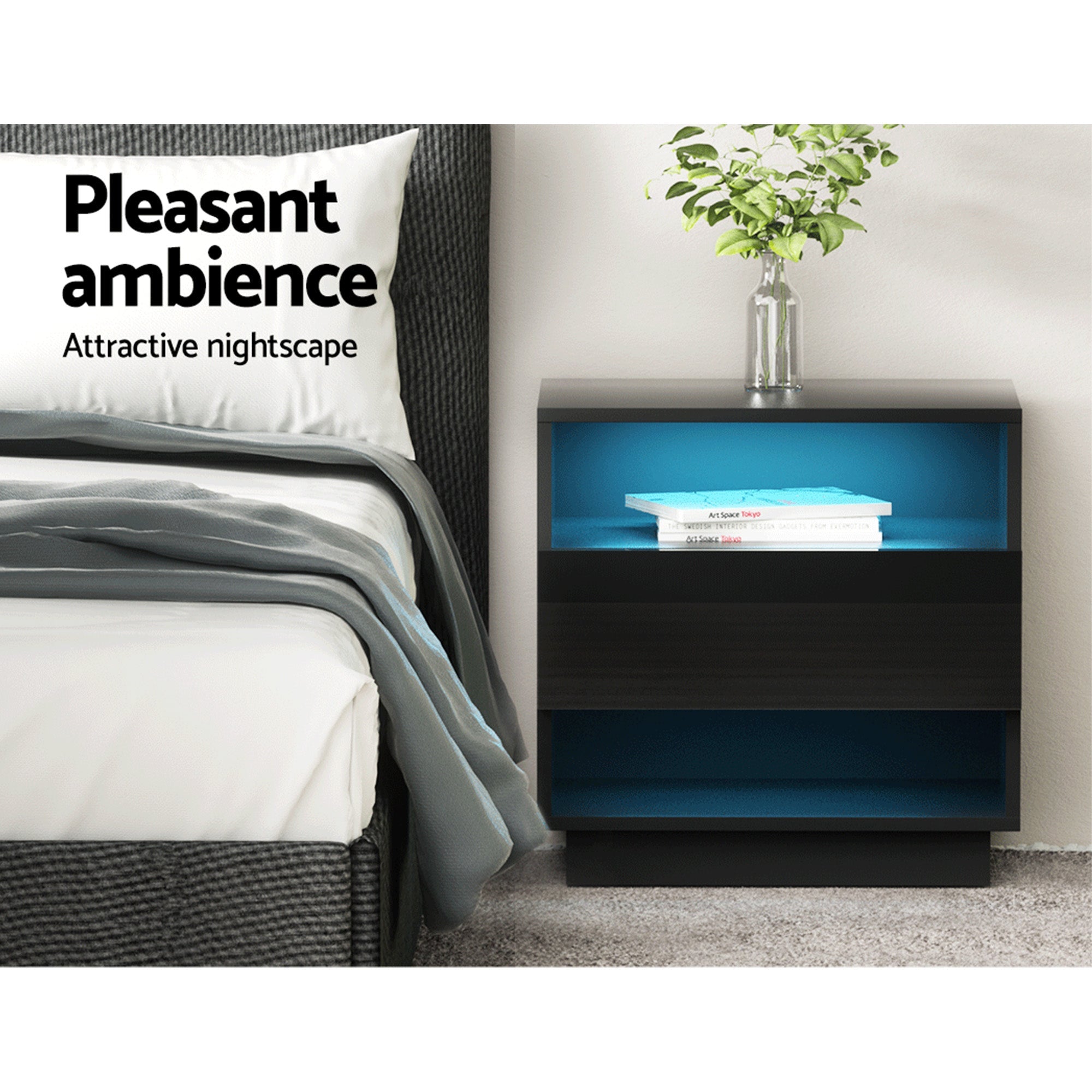 2x Bedside Table LED with 2 Shelves - HANA Black - Furniture > Bedroom > Bedside Tables - Rivercity House & Home Co. (ABN 18 642 972 209) - Affordable Modern Furniture Australia