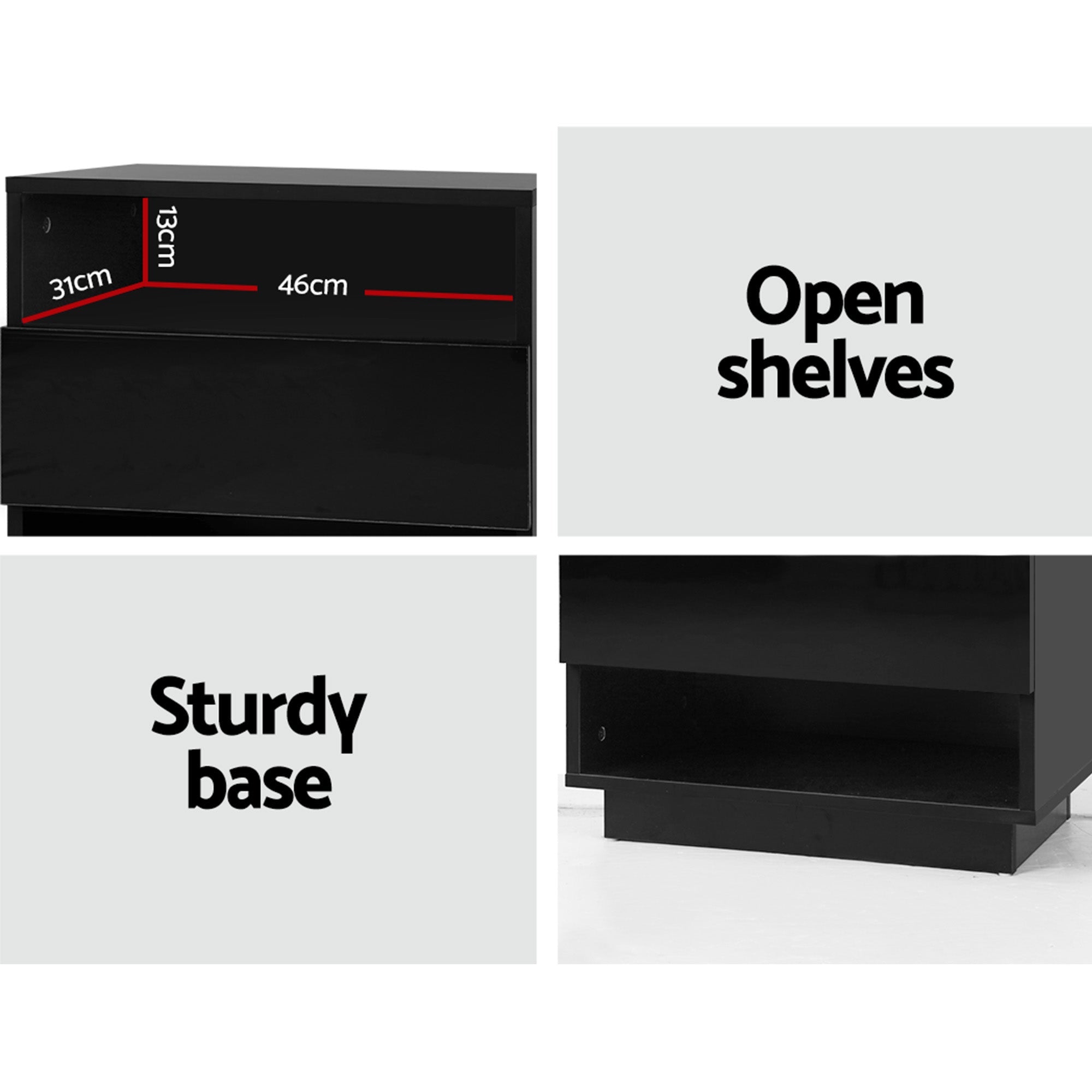 2x Bedside Table LED with 2 Shelves - HANA Black - Furniture > Bedroom > Bedside Tables - Rivercity House & Home Co. (ABN 18 642 972 209) - Affordable Modern Furniture Australia