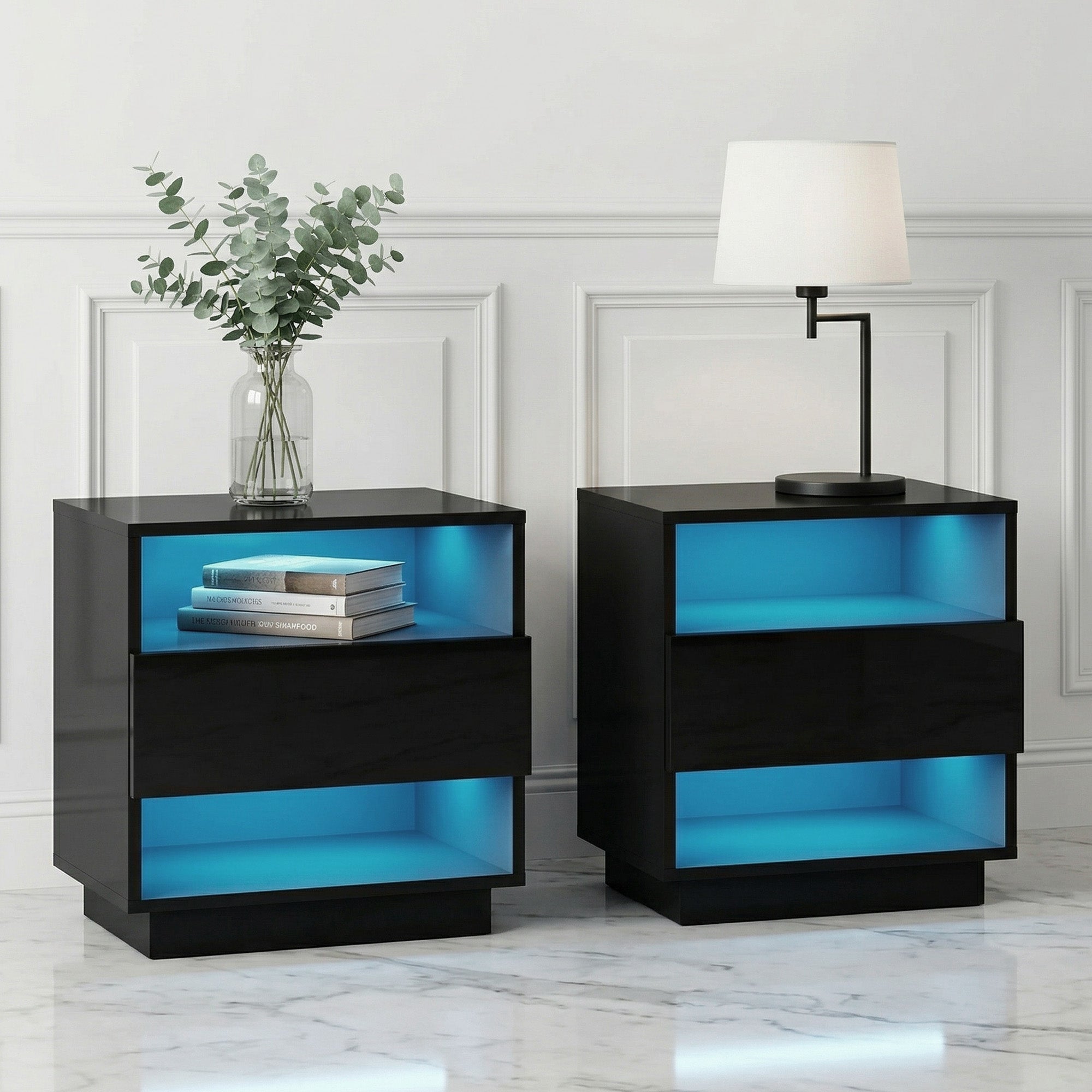 2x Bedside Table LED with 2 Shelves - HANA Black - Furniture > Bedroom > Bedside Tables - Rivercity House & Home Co. (ABN 18 642 972 209) - Affordable Modern Furniture Australia