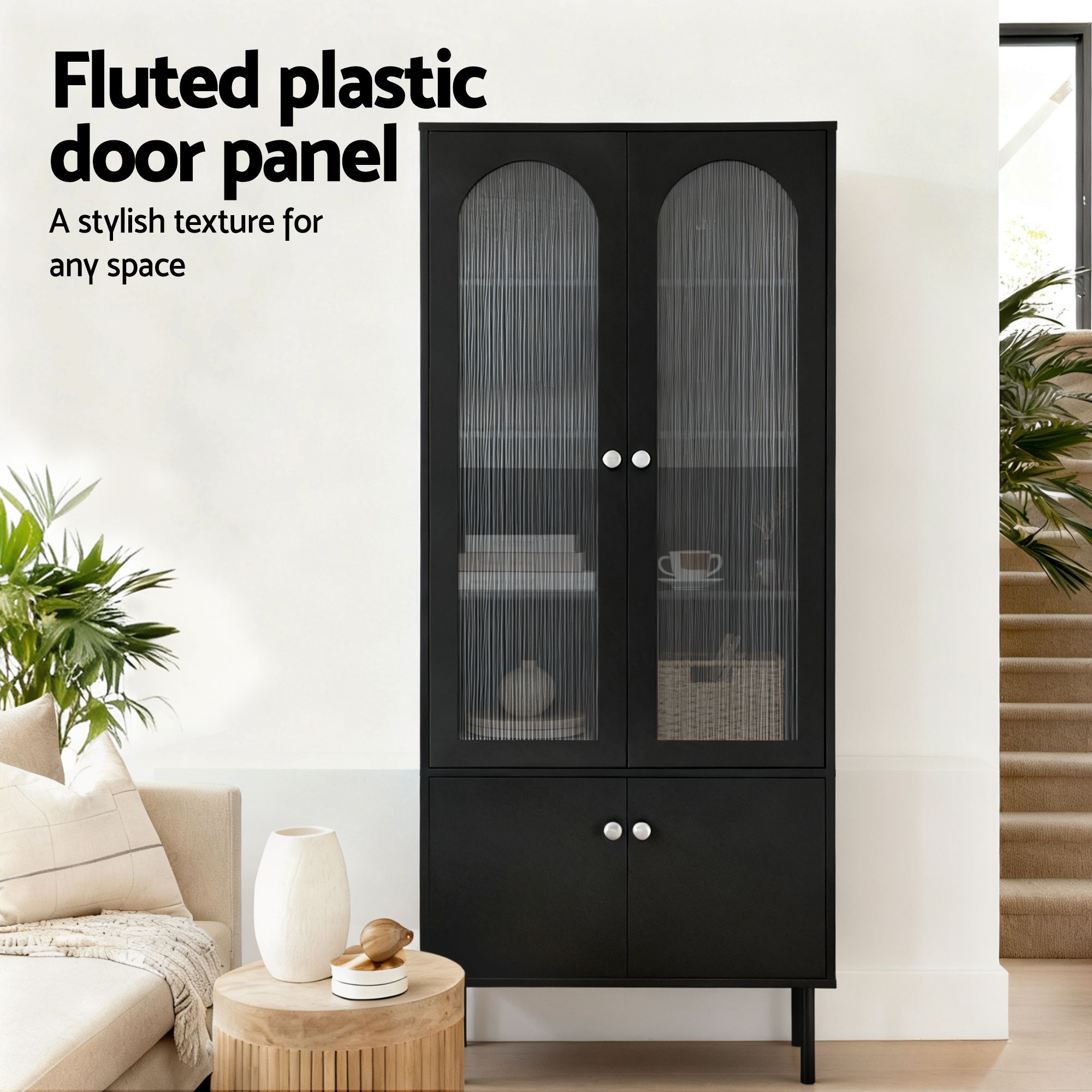 2x Buffet Sideboard Cabinet Pantry 5-Tier Storage Cupboard Fluted Black - Furniture > Dining > Buffets & Sideboards - Rivercity House & Home Co. (ABN 18 642 972 209) - Affordable Modern Furniture Australia