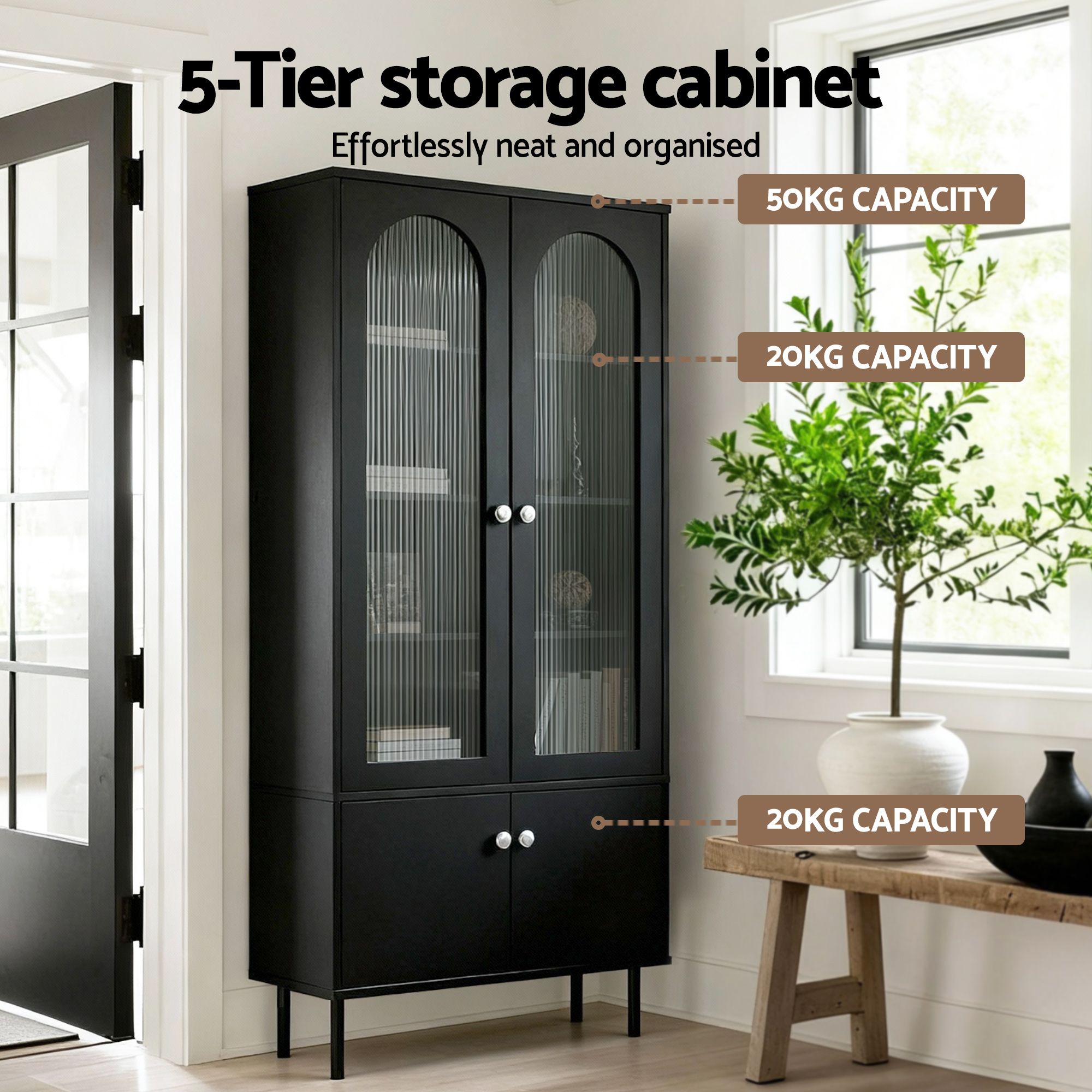 2x Buffet Sideboard Cabinet Pantry 5-Tier Storage Cupboard Fluted Black - Furniture > Dining > Buffets & Sideboards - Rivercity House & Home Co. (ABN 18 642 972 209) - Affordable Modern Furniture Australia