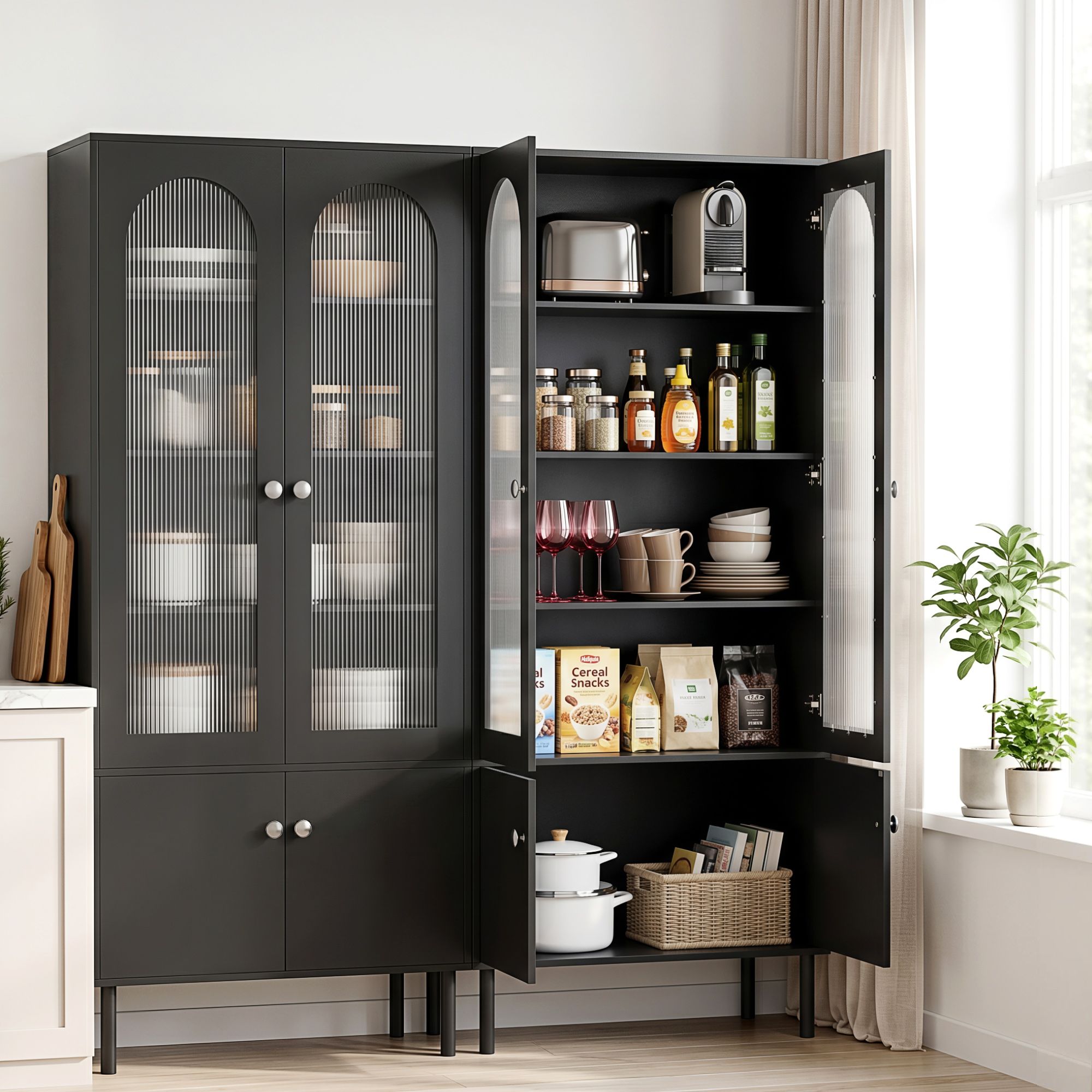 2x Buffet Sideboard Cabinet Pantry 5-Tier Storage Cupboard Fluted Black - Furniture > Dining > Buffets & Sideboards - Rivercity House & Home Co. (ABN 18 642 972 209) - Affordable Modern Furniture Australia