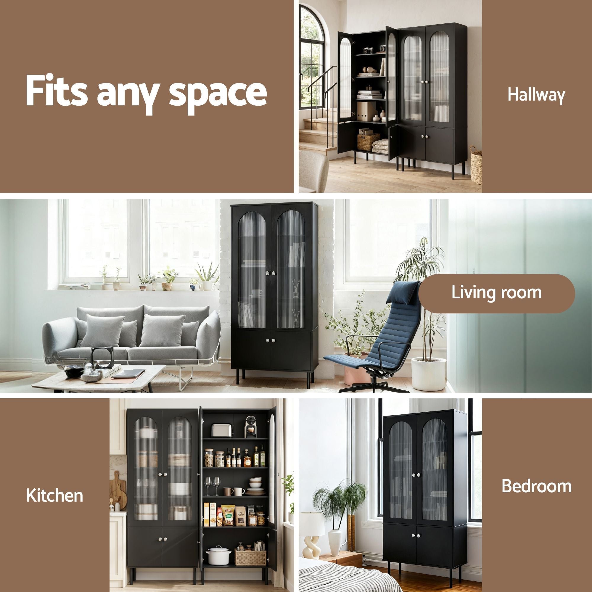 2x Buffet Sideboard Cabinet Pantry 5-Tier Storage Cupboard Fluted Black - Furniture > Dining > Buffets & Sideboards - Rivercity House & Home Co. (ABN 18 642 972 209) - Affordable Modern Furniture Australia