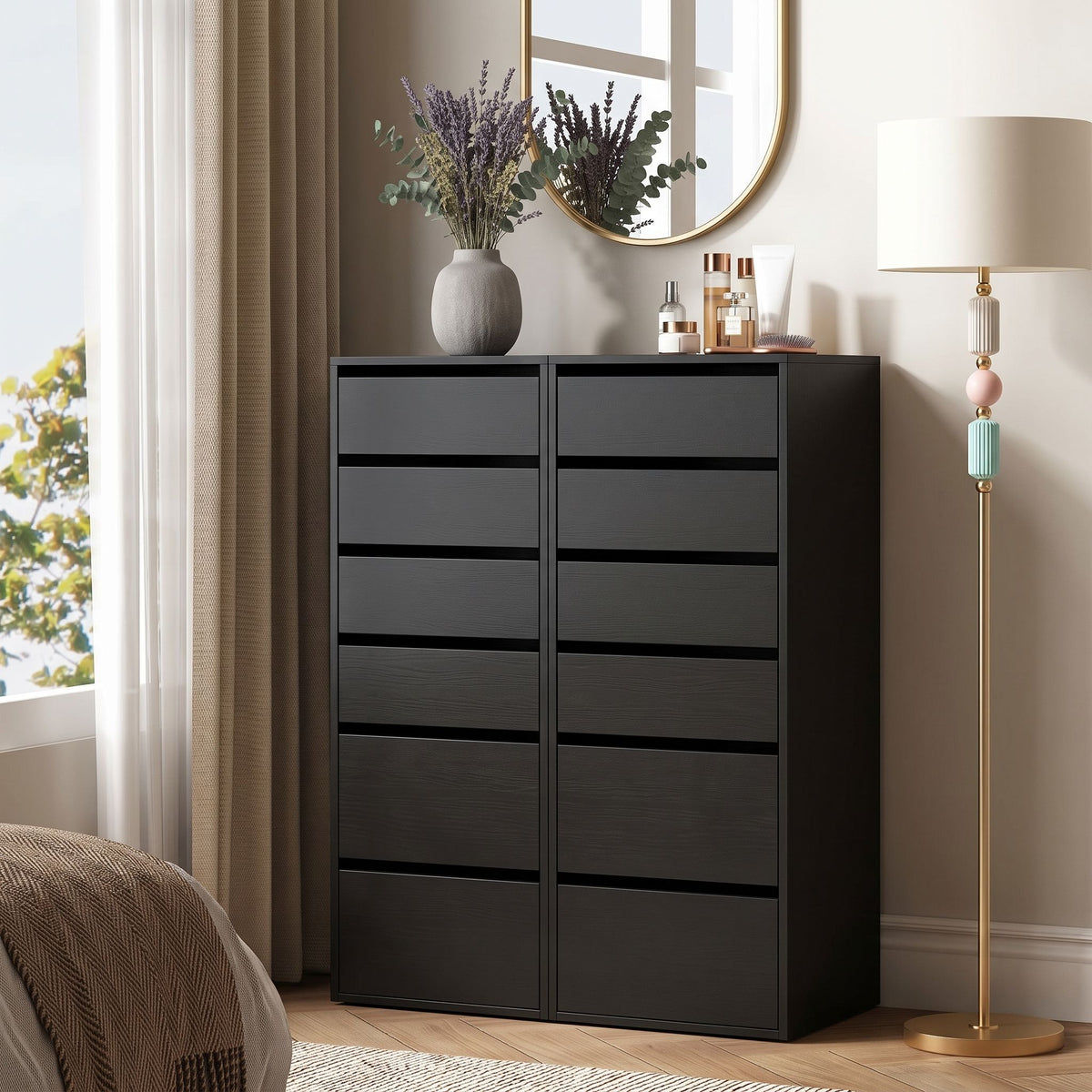 2x Chest of 6 Drawer Tallboy Dresser with Handle-Free Drawers - Black - Furniture > Bedroom > Dressers - Rivercity House & Home Co. (ABN 18 642 972 209) - Affordable Modern Furniture Australia