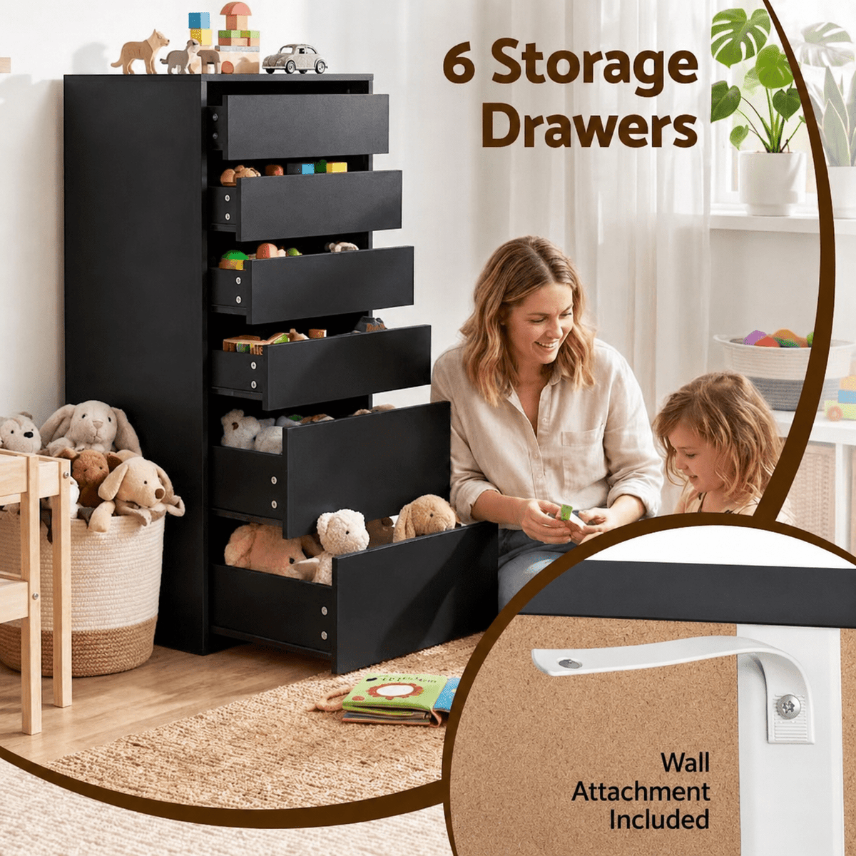 2x Chest of 6 Drawer Tallboy Dresser with Handle-Free Drawers - Black - Furniture > Bedroom > Dressers - Rivercity House & Home Co. (ABN 18 642 972 209) - Affordable Modern Furniture Australia