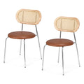 Set of 2 PU Leather and Rattan Dining Chairs with Metal Legs - Brown