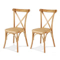 Set of 2 Rubber Wood Dining Chairs with Rattan Seat and X-Shape Support - Natural