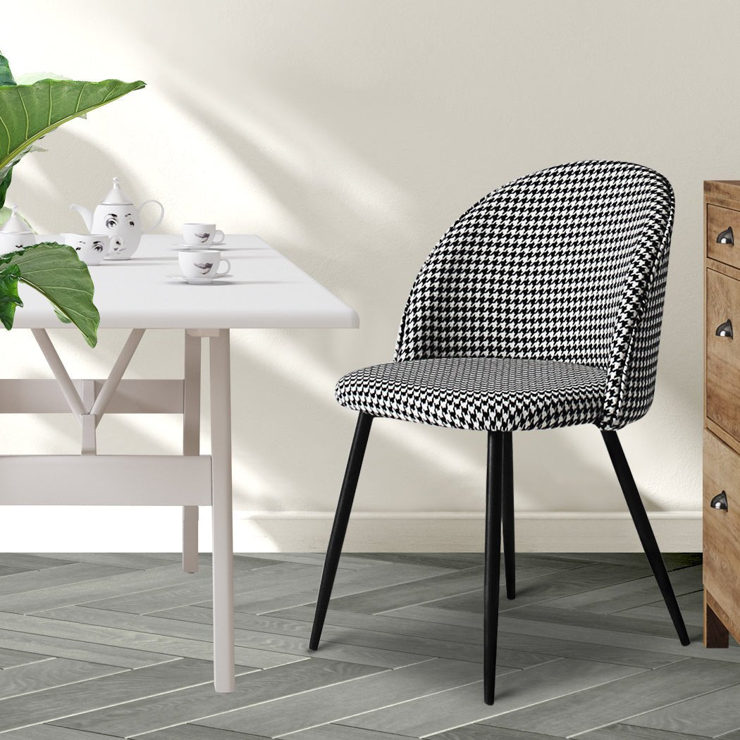 2x Dining Chairs with Steel Legs and Houndstooth Fabric - Black and White - Rivercity House & Home Co. (ABN 18 642 972 209) - Affordable Modern Furniture Australia
