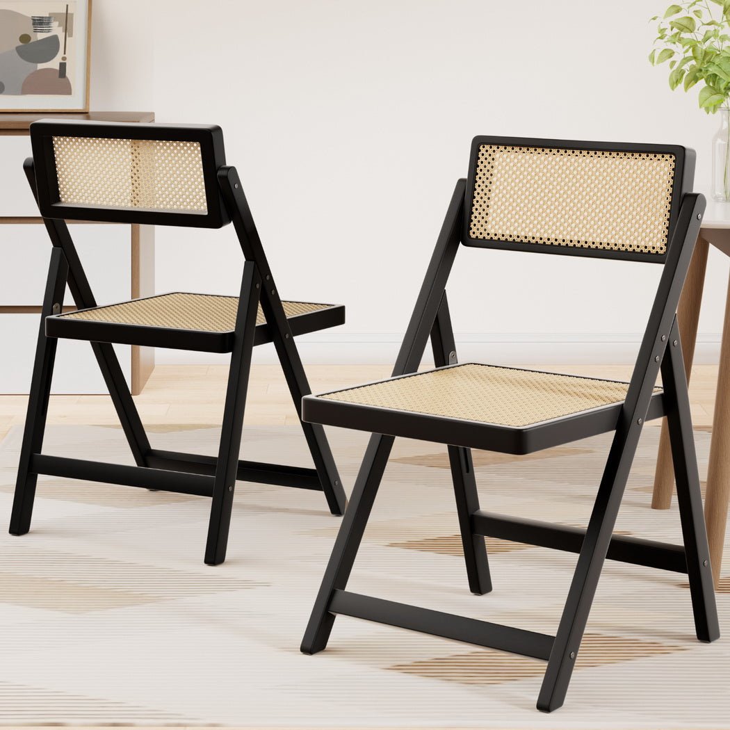 2x Dining Chairs Wooden Rattan Foldable Black - Furniture > Dining > Kitchen & Dining Chairs - Rivercity House & Home Co. (ABN 18 642 972 209) - Affordable Modern Furniture Australia