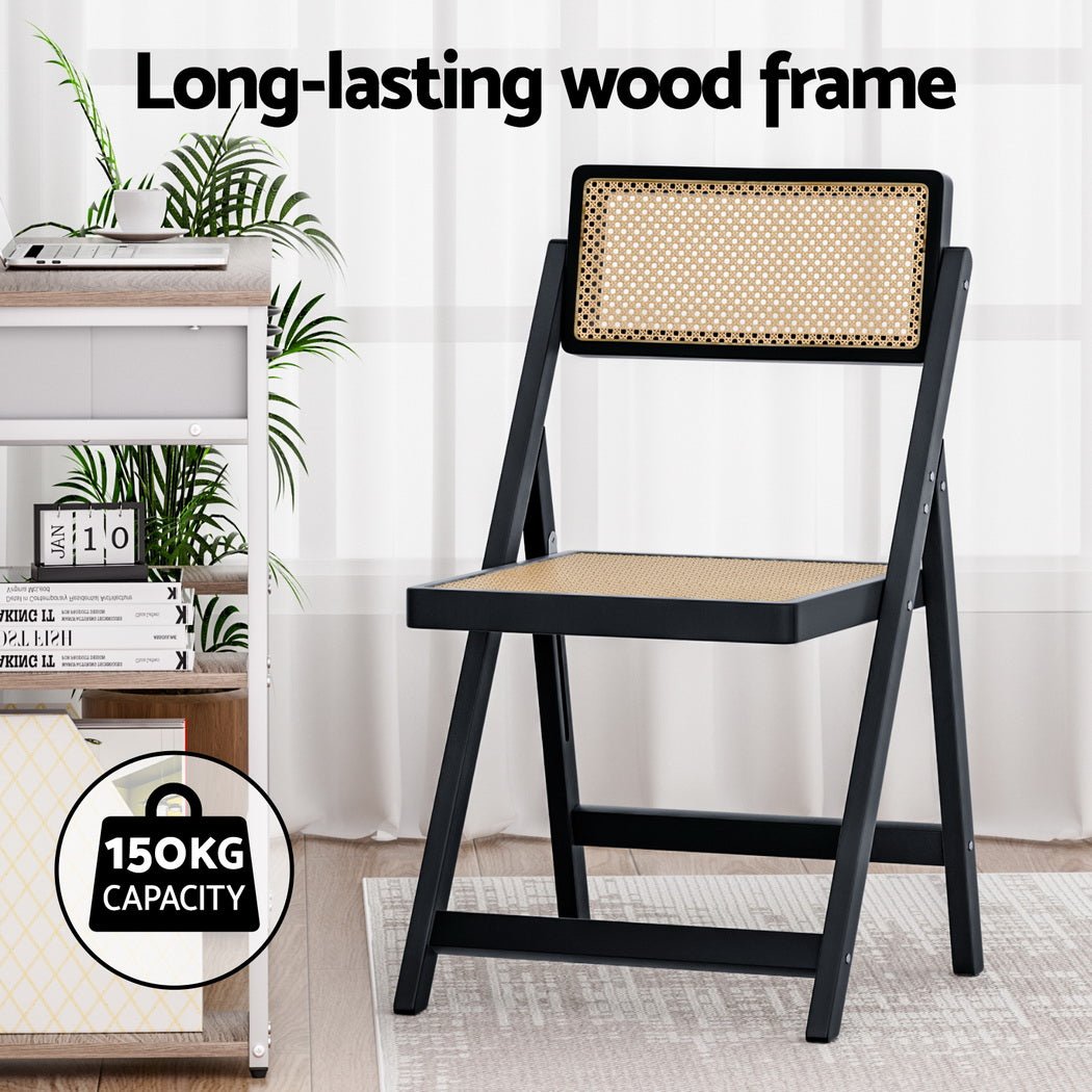 2x Dining Chairs Wooden Rattan Foldable Black - Furniture > Dining > Kitchen & Dining Chairs - Rivercity House & Home Co. (ABN 18 642 972 209) - Affordable Modern Furniture Australia