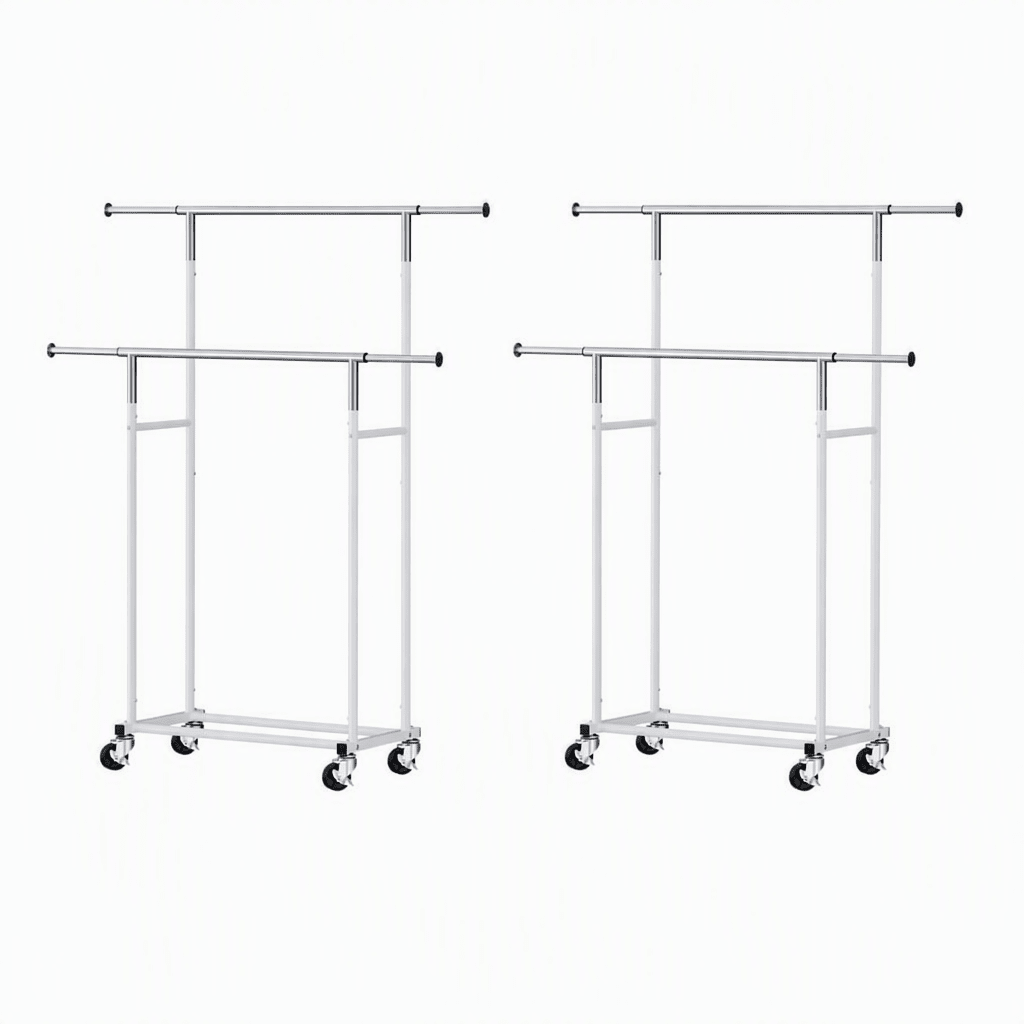2X Double Rod Adjustable Clothes Rack with Swivel Casters - Silver White - Furniture > Living Room > Coat Racks - Rivercity House & Home Co. (ABN 18 642 972 209) - Affordable Modern Furniture Australia