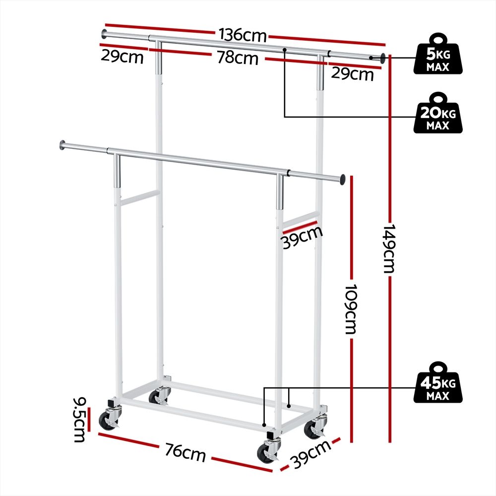 2X Double Rod Adjustable Clothes Rack with Swivel Casters - Silver White - Furniture > Living Room > Coat Racks - Rivercity House & Home Co. (ABN 18 642 972 209) - Affordable Modern Furniture Australia