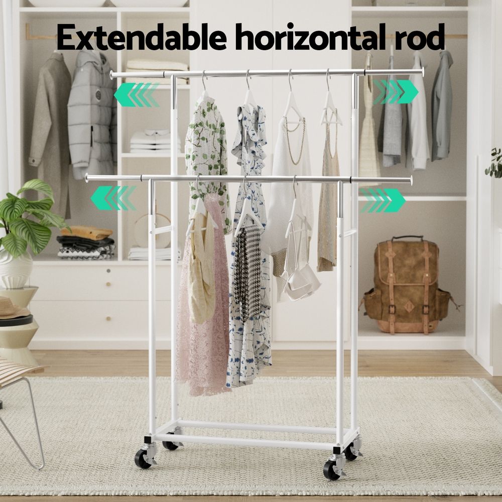2X Double Rod Adjustable Clothes Rack with Swivel Casters - Silver White - Furniture > Living Room > Coat Racks - Rivercity House & Home Co. (ABN 18 642 972 209) - Affordable Modern Furniture Australia