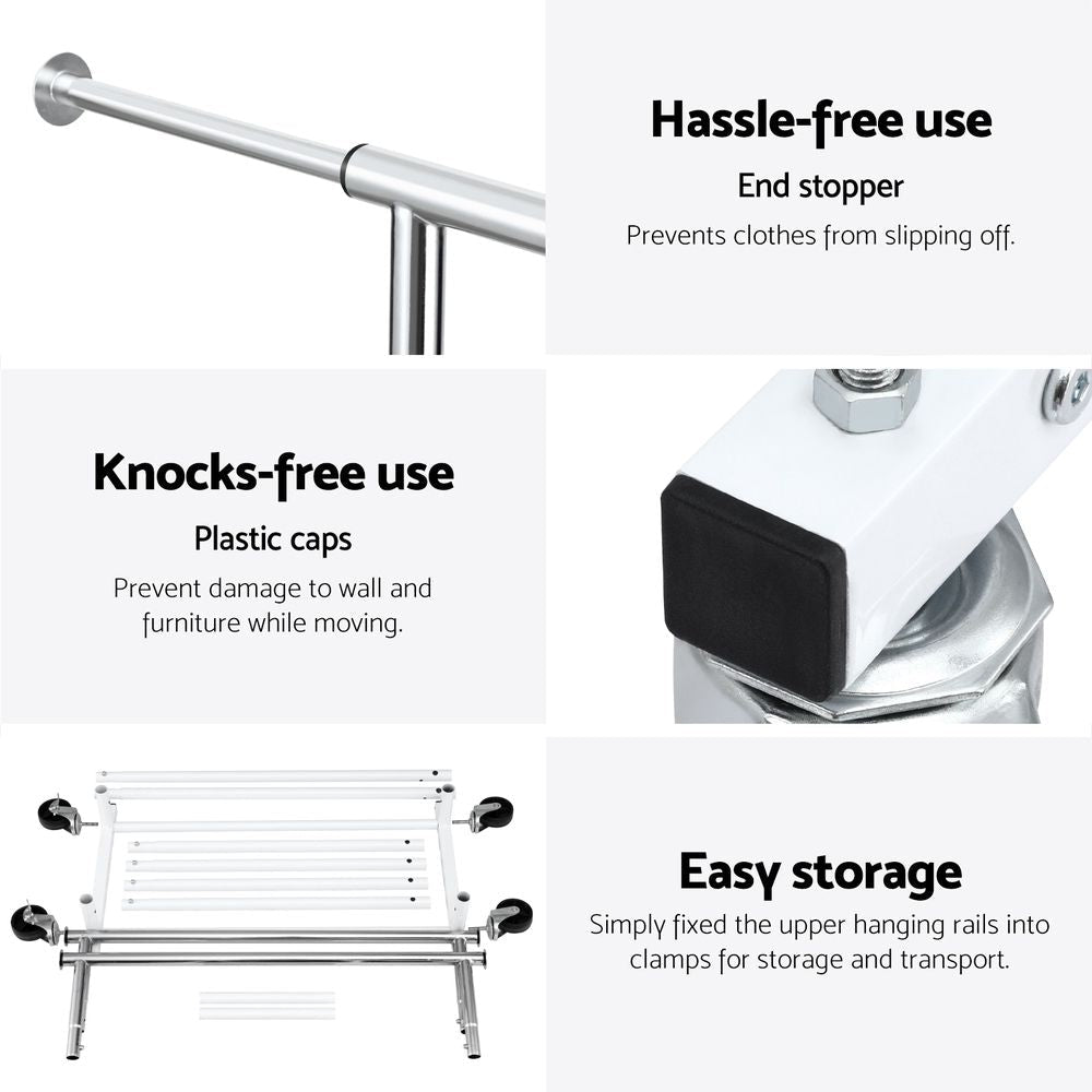2X Double Rod Adjustable Clothes Rack with Swivel Casters - Silver White - Furniture > Living Room > Coat Racks - Rivercity House & Home Co. (ABN 18 642 972 209) - Affordable Modern Furniture Australia