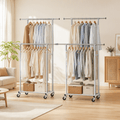 Double Rod Adjustable Clothes Rack with Swivel Casters - Silver White