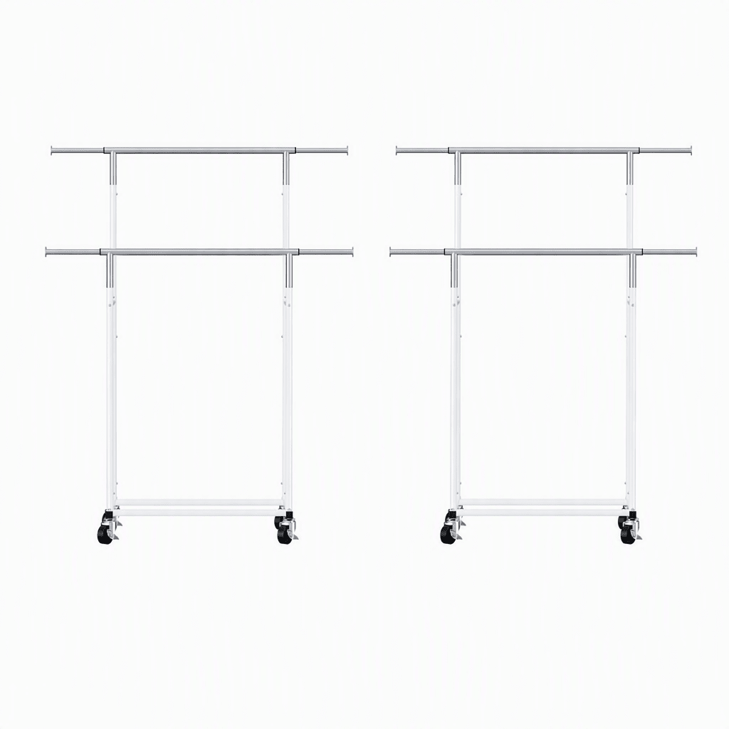 2X Double Rod Adjustable Clothes Rack with Swivel Casters - Silver White - Furniture > Living Room > Coat Racks - Rivercity House & Home Co. (ABN 18 642 972 209) - Affordable Modern Furniture Australia