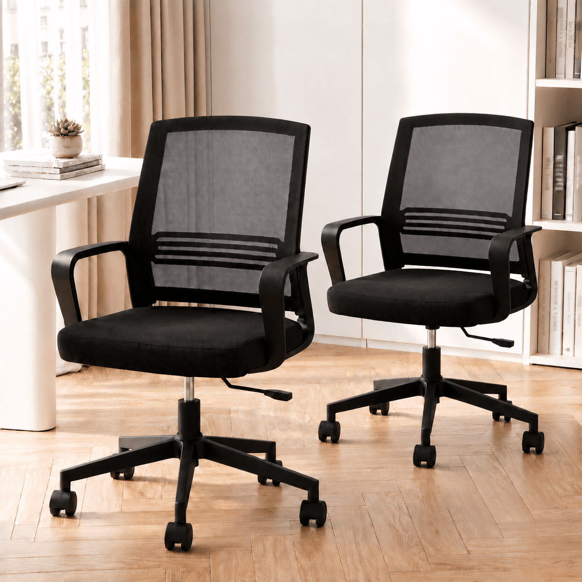 2x Ergonomic Mesh Mid Back Office Desk Chairs with Lumbar Support - Black - Furniture > Office > Office & Desk Chairs - Rivercity House & Home Co. (ABN 18 642 972 209) - Affordable Modern Furniture Australia