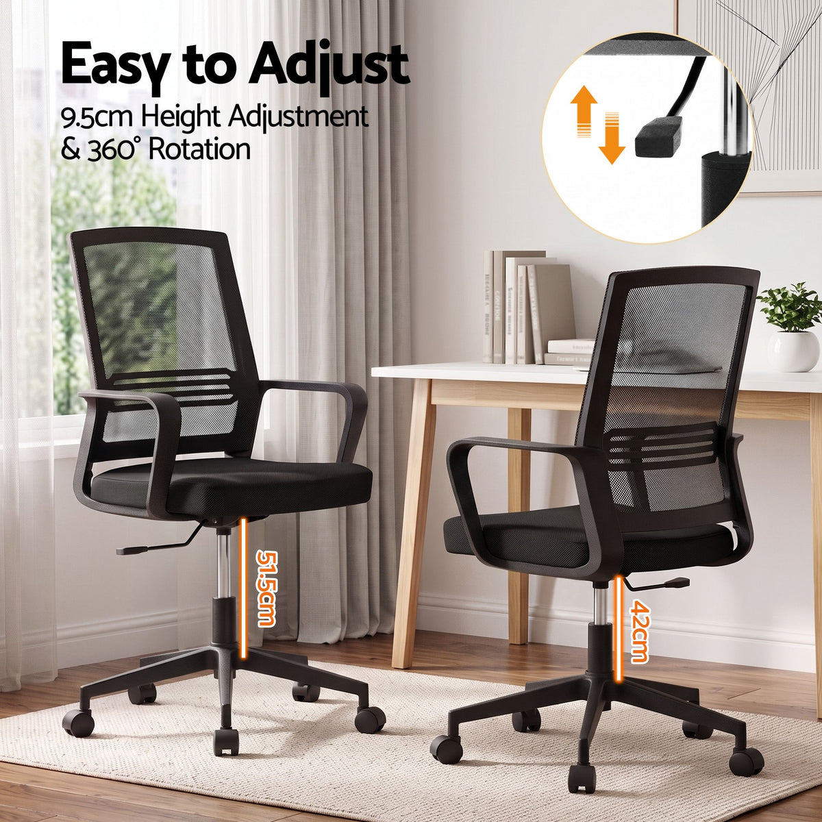 2x Ergonomic Mesh Mid Back Office Desk Chairs with Lumbar Support - Black - Furniture > Office > Office & Desk Chairs - Rivercity House & Home Co. (ABN 18 642 972 209) - Affordable Modern Furniture Australia