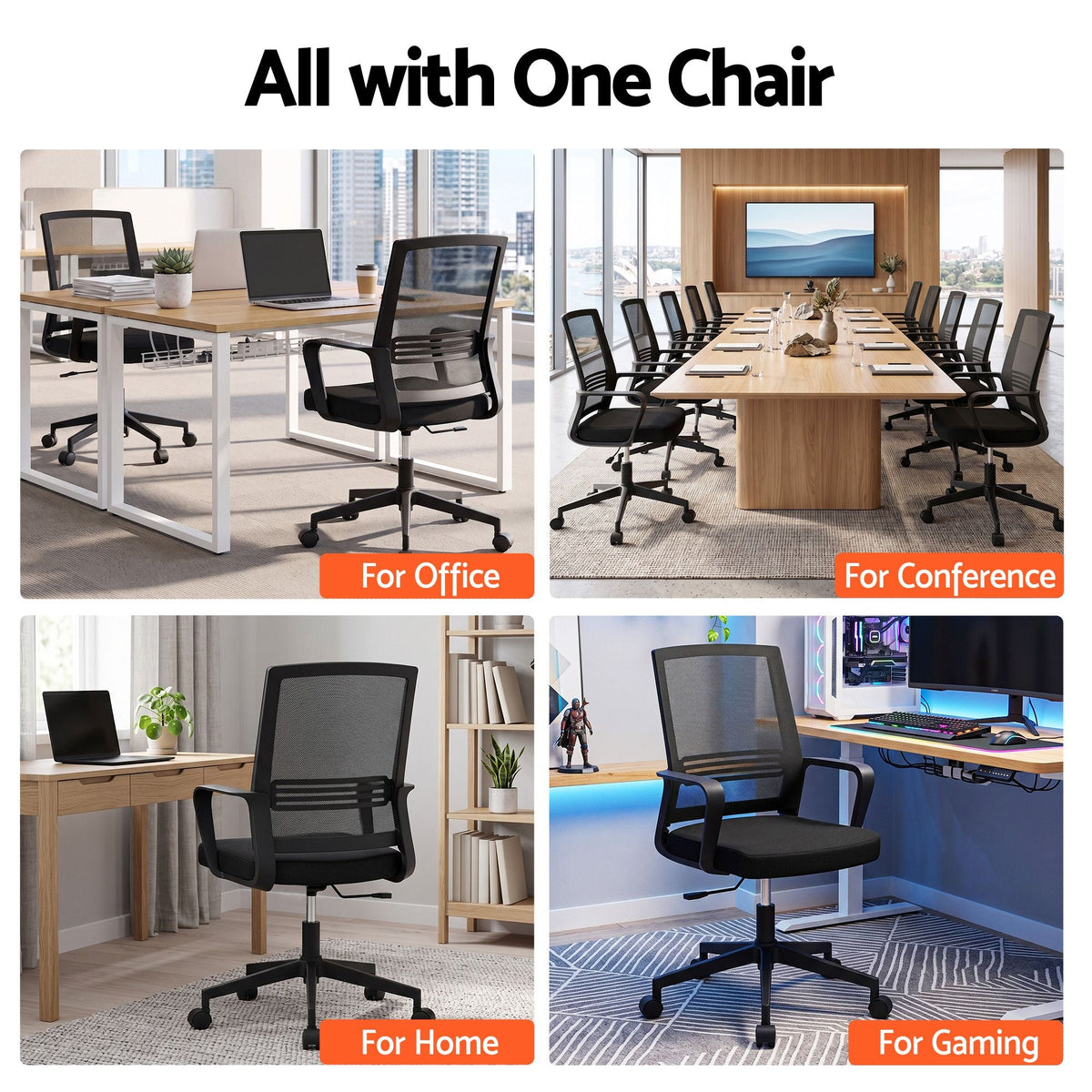 2x Ergonomic Mesh Mid Back Office Desk Chairs with Lumbar Support - Black - Furniture > Office > Office & Desk Chairs - Rivercity House & Home Co. (ABN 18 642 972 209) - Affordable Modern Furniture Australia