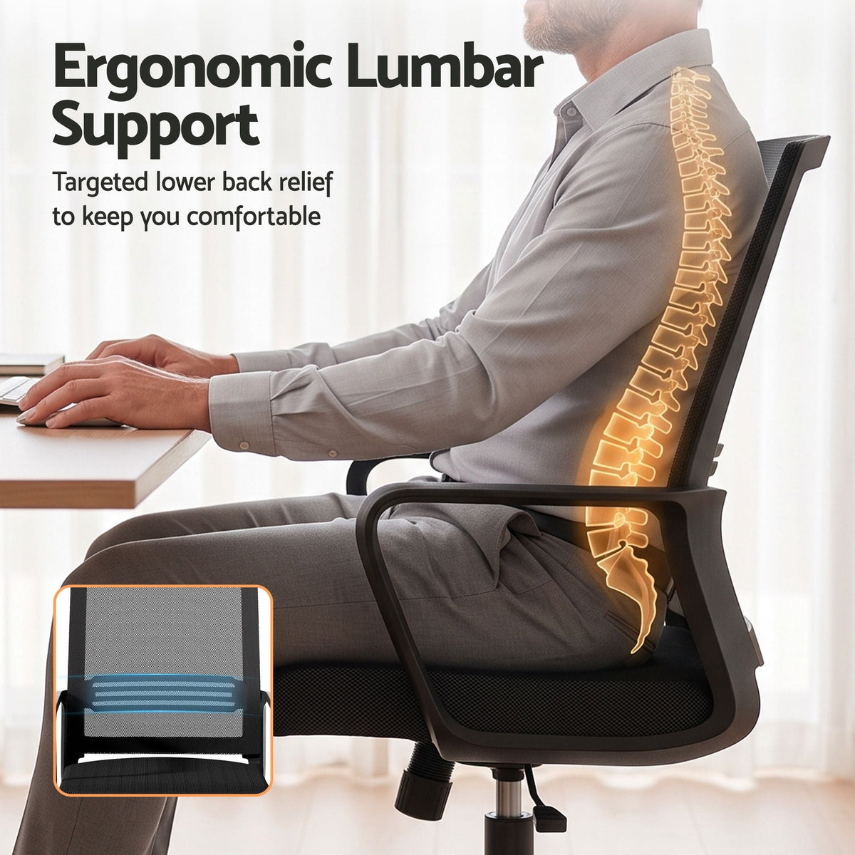 2x Ergonomic Mesh Mid Back Office Desk Chairs with Lumbar Support - Black - Furniture > Office > Office & Desk Chairs - Rivercity House & Home Co. (ABN 18 642 972 209) - Affordable Modern Furniture Australia
