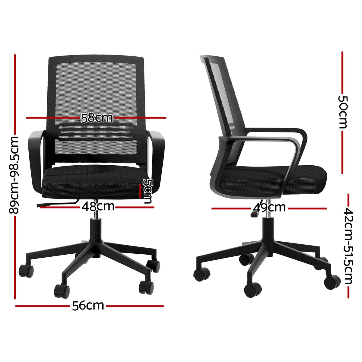 2x Ergonomic Mesh Mid Back Office Desk Chairs with Lumbar Support - Black - Furniture > Office > Office & Desk Chairs - Rivercity House & Home Co. (ABN 18 642 972 209) - Affordable Modern Furniture Australia