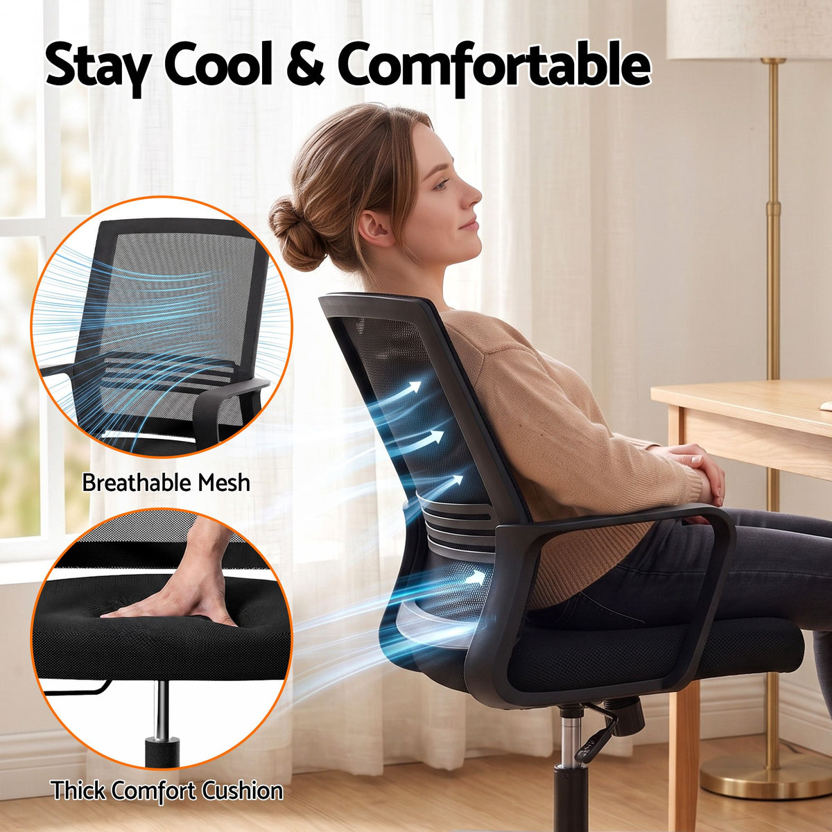 2x Ergonomic Mesh Mid Back Office Desk Chairs with Lumbar Support - Black - Furniture > Office > Office & Desk Chairs - Rivercity House & Home Co. (ABN 18 642 972 209) - Affordable Modern Furniture Australia