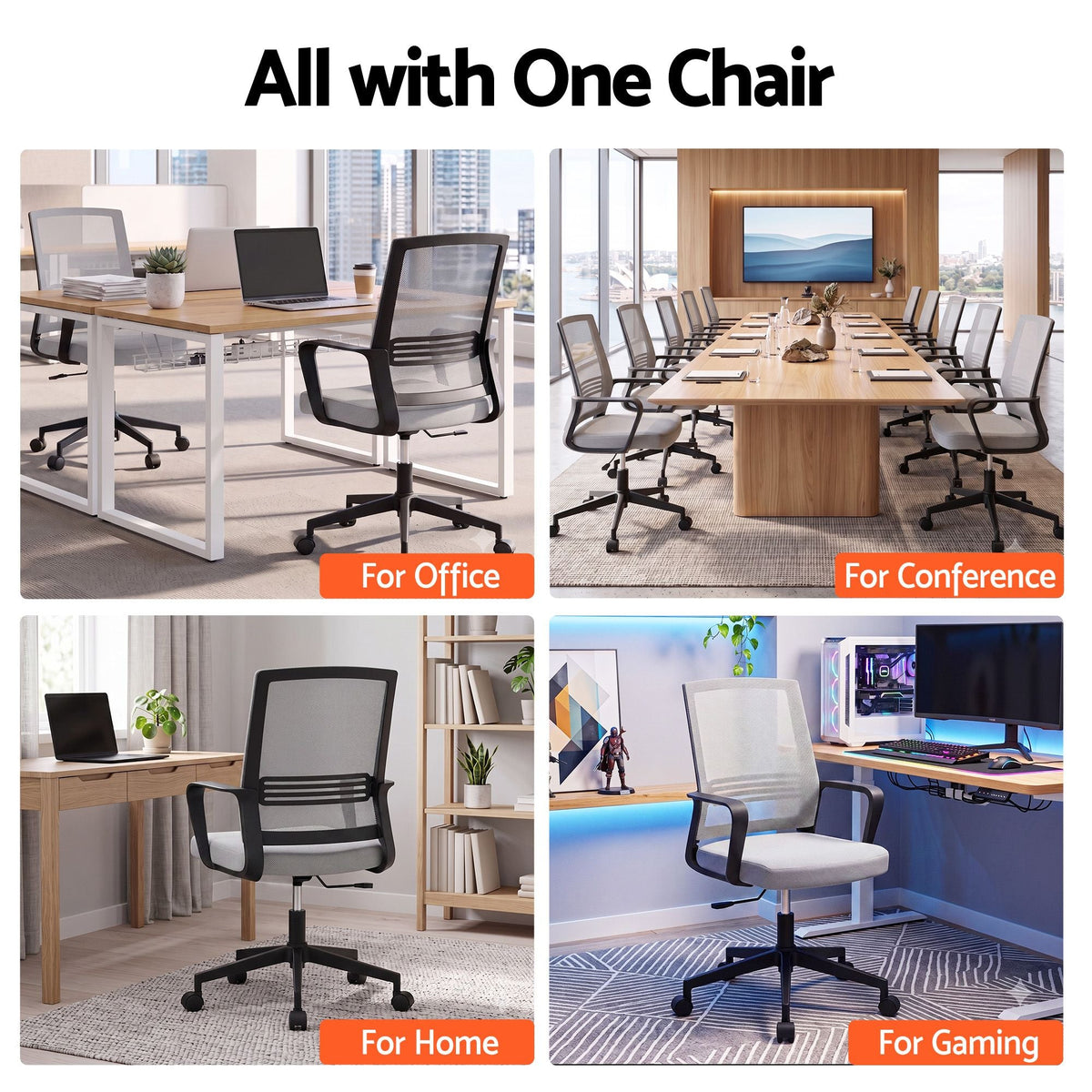 2x Ergonomic Mesh Mid Back Office Desk Chairs with Lumbar Support - Grey - Furniture > Office > Office & Desk Chairs - Rivercity House & Home Co. (ABN 18 642 972 209) - Affordable Modern Furniture Australia