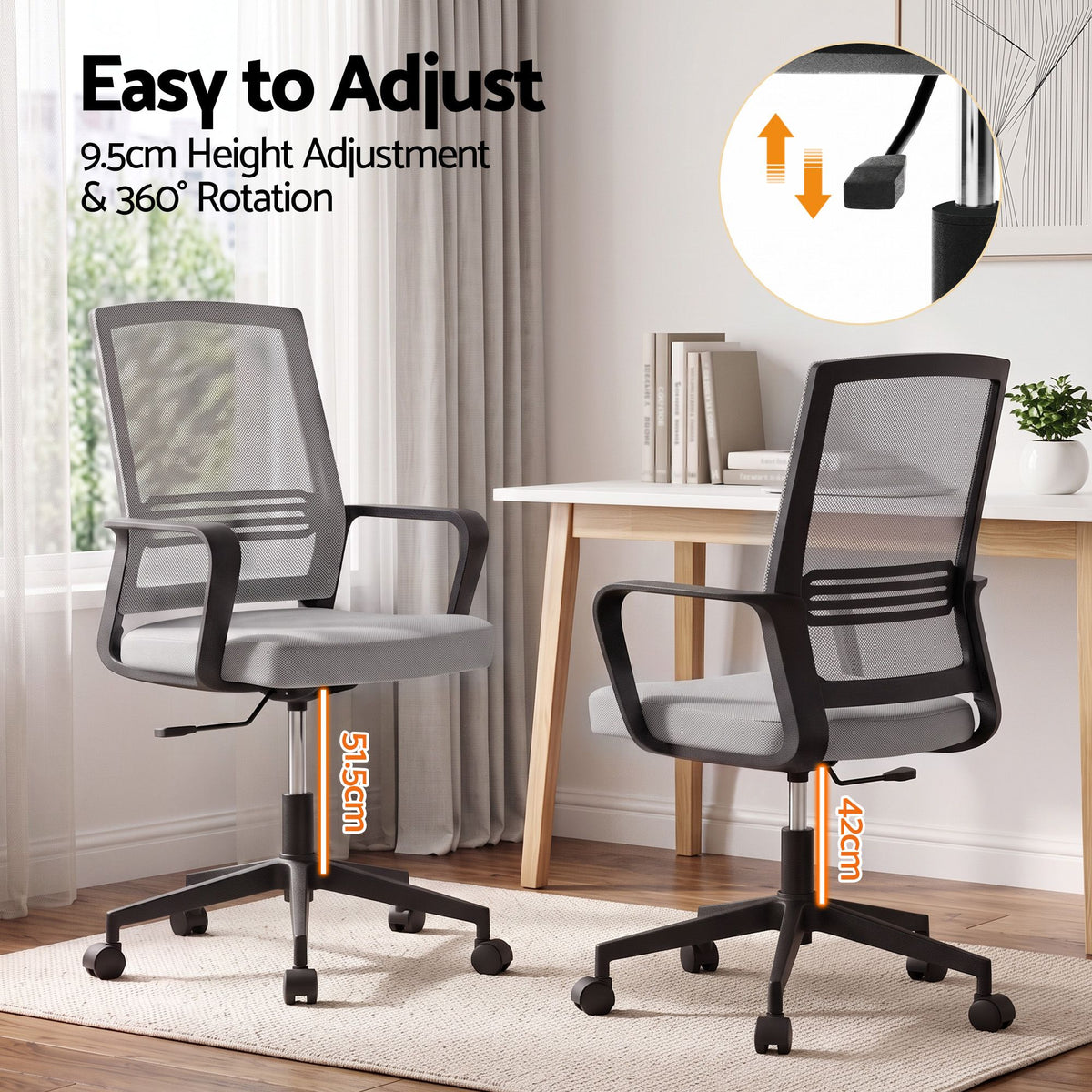 2x Ergonomic Mesh Mid Back Office Desk Chairs with Lumbar Support - Grey - Furniture > Office > Office & Desk Chairs - Rivercity House & Home Co. (ABN 18 642 972 209) - Affordable Modern Furniture Australia