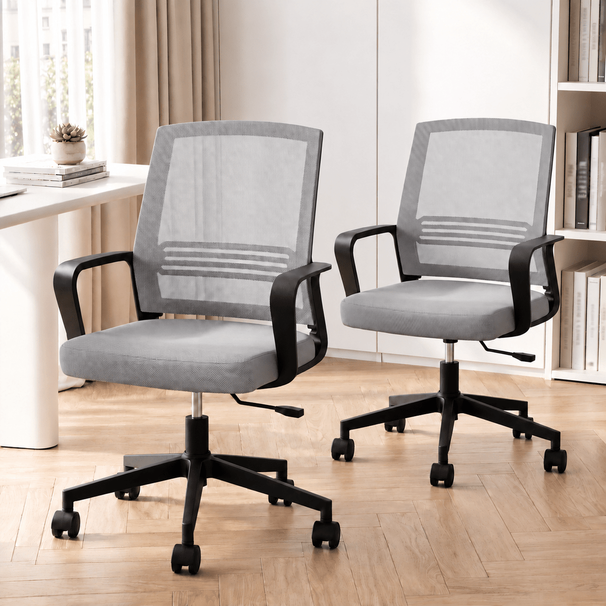 2x Ergonomic Mesh Mid Back Office Desk Chairs with Lumbar Support - Grey - Furniture > Office > Office & Desk Chairs - Rivercity House & Home Co. (ABN 18 642 972 209) - Affordable Modern Furniture Australia