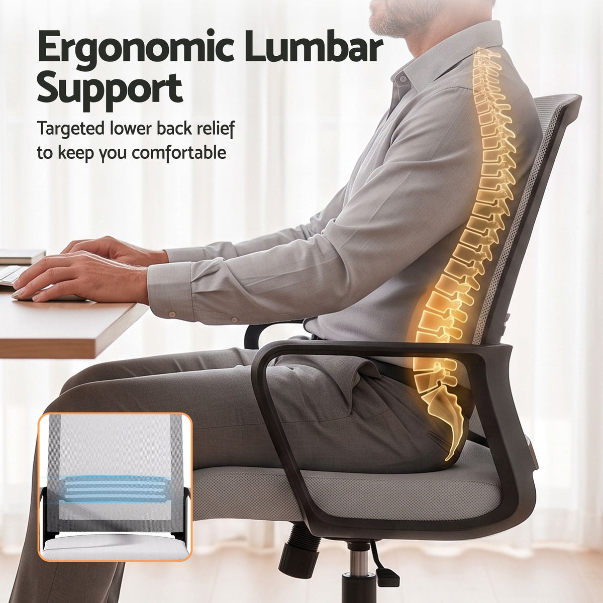 2x Ergonomic Mesh Mid Back Office Desk Chairs with Lumbar Support - Grey - Furniture > Office > Office & Desk Chairs - Rivercity House & Home Co. (ABN 18 642 972 209) - Affordable Modern Furniture Australia