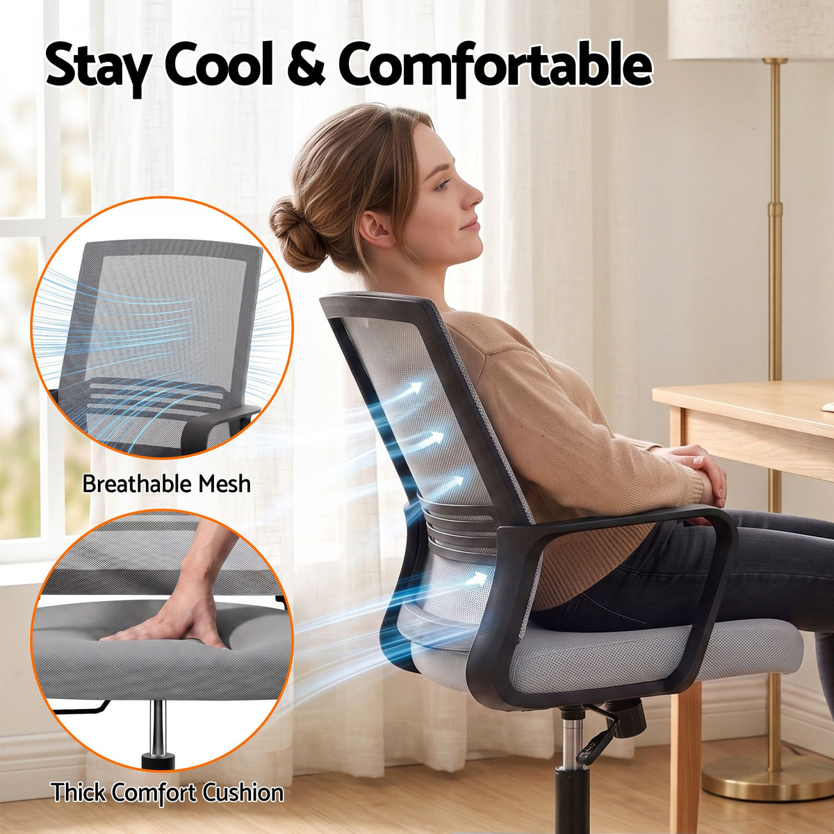 2x Ergonomic Mesh Mid Back Office Desk Chairs with Lumbar Support - Grey - Furniture > Office > Office & Desk Chairs - Rivercity House & Home Co. (ABN 18 642 972 209) - Affordable Modern Furniture Australia