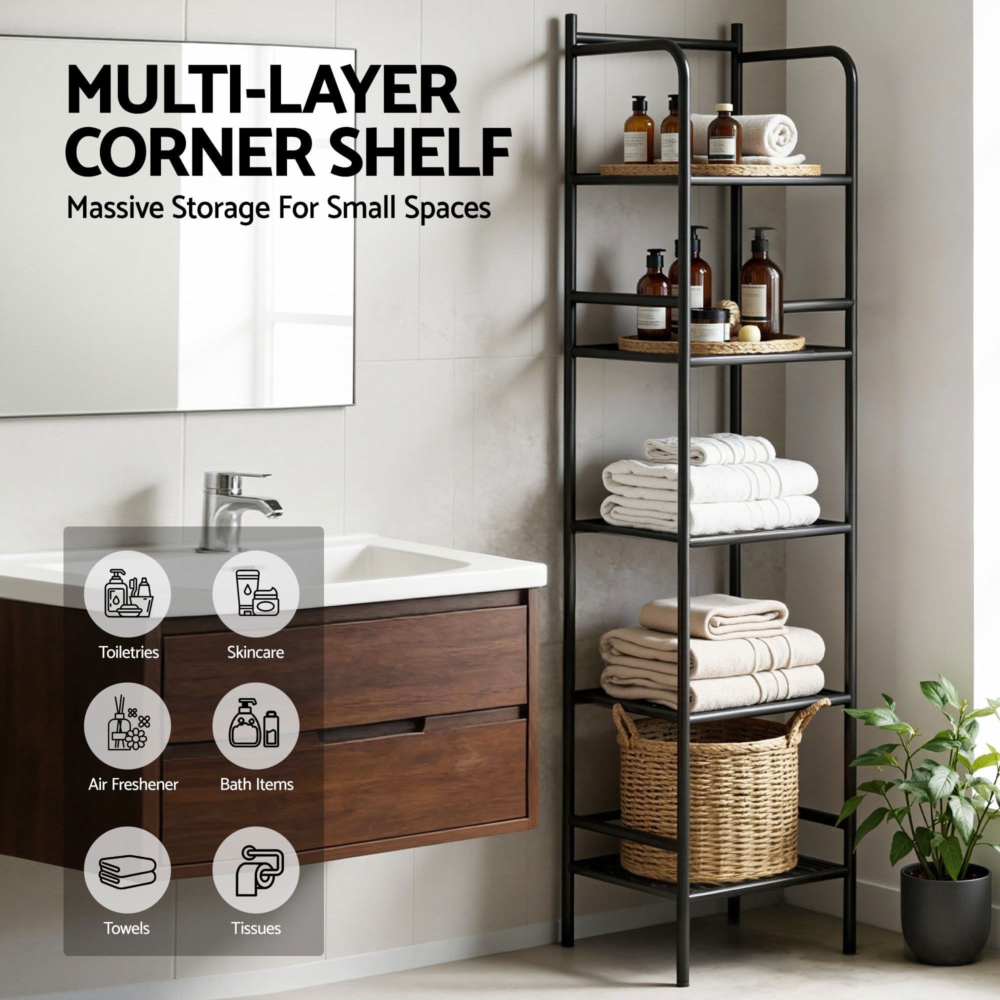 2X Floor Standing Corner Shower Caddy 5 Tier Bathroom Organizer Black - Tools > Tools Storage > Wall Storage Racks - Rivercity House & Home Co. (ABN 18 642 972 209) - Affordable Modern Furniture Australia