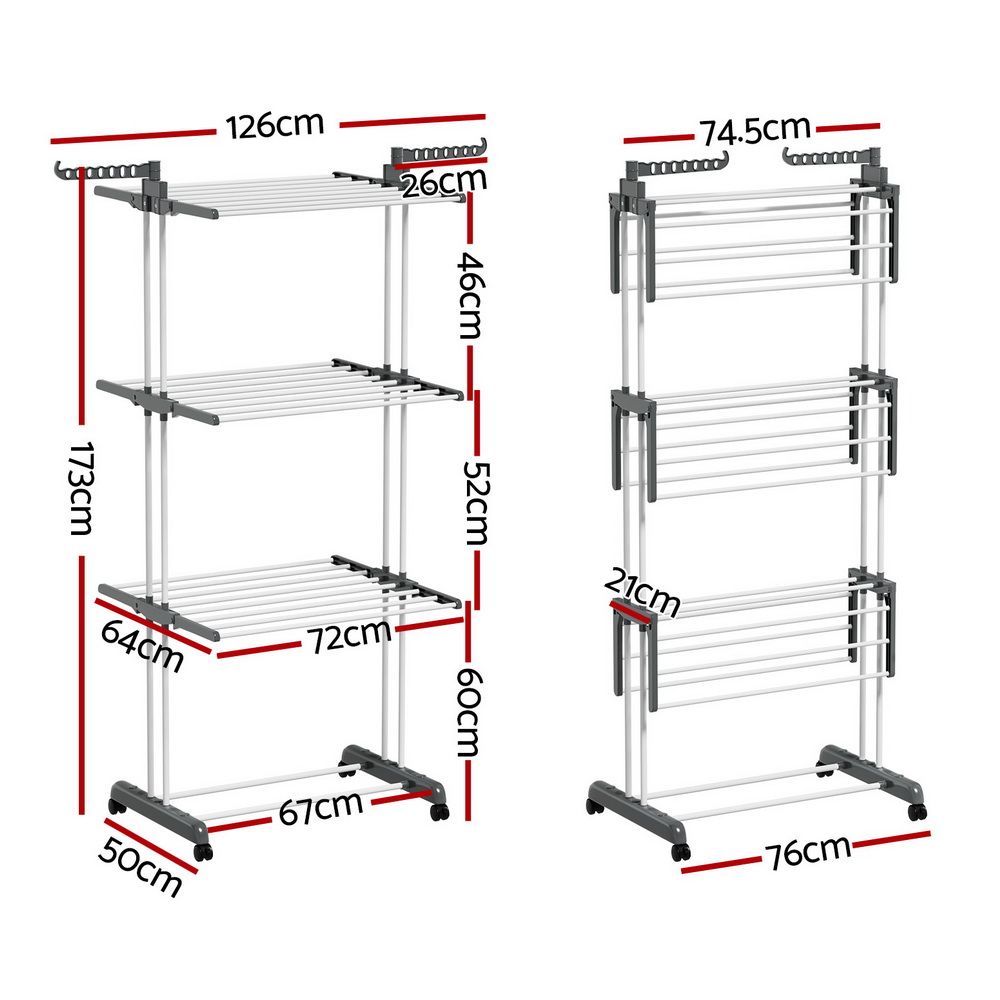 2X Foldable Clothes Drying Rack 173cm Coat Airer Hanger with Wheels and Hooks - Home & Garden > Bathroom Accessories > Towel Racks & Holders - Rivercity House & Home Co. (ABN 18 642 972 209) - Affordable Modern Furniture Australia