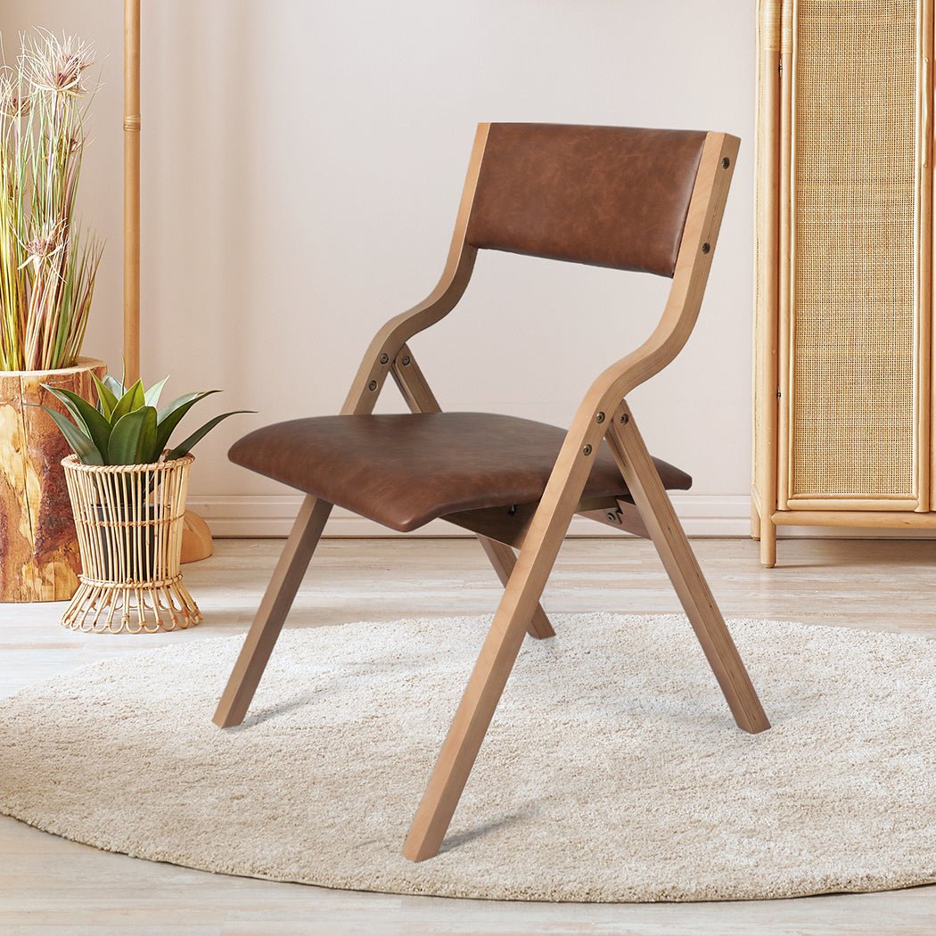 2x Foldable Dining Chairs with PU Seat - Brown - Rivercity House & Home Co. (ABN 18 642 972 209) - Affordable Modern Furniture Australia