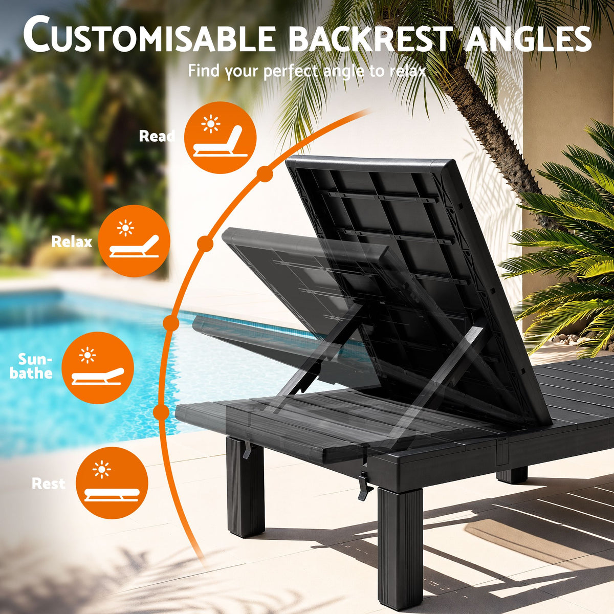 2X Foldable Outdoor Sun Lounges with 4-Position Recliner Backrest - Black - Furniture > Outdoor > Outdoor Chairs - Rivercity House & Home Co. (ABN 18 642 972 209) - Affordable Modern Furniture Australia
