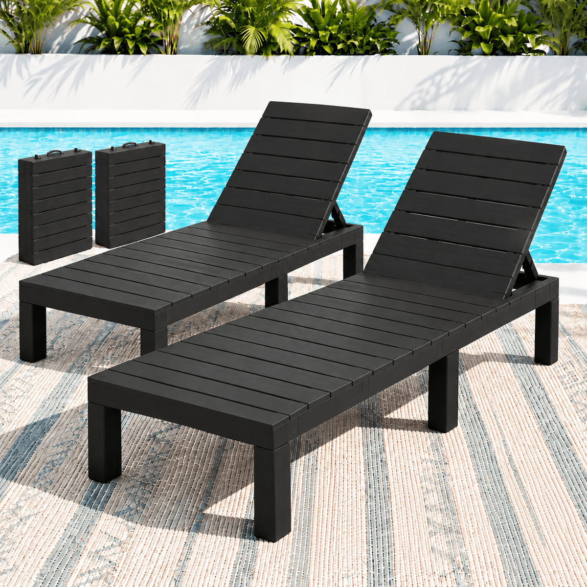 2X Foldable Outdoor Sun Lounges with 4-Position Recliner Backrest - Black - Furniture > Outdoor > Outdoor Chairs - Rivercity House & Home Co. (ABN 18 642 972 209) - Affordable Modern Furniture Australia