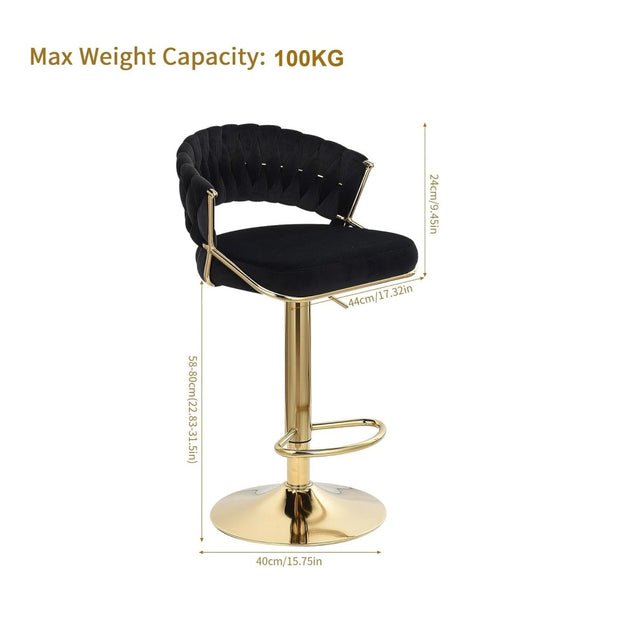 2x Height Adjustable Velvet Padded Barstools with Golden Round Base - Black - Furniture > Bar Stools & Chairs > Table & Bar Stools - Rivercity House & Home Co. (ABN 18 642 972 209) - Affordable Modern Furniture Australia