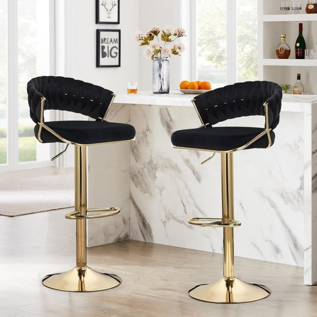 2x Height Adjustable Velvet Padded Barstools with Golden Round Base - Black - Furniture > Bar Stools & Chairs > Table & Bar Stools - Rivercity House & Home Co. (ABN 18 642 972 209) - Affordable Modern Furniture Australia