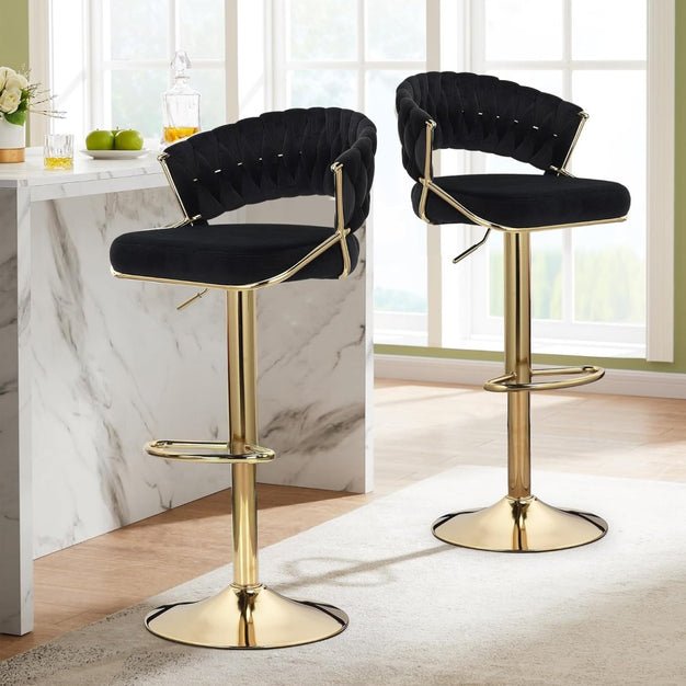 2x Height Adjustable Velvet Padded Barstools with Golden Round Base - Black - Furniture > Bar Stools & Chairs > Table & Bar Stools - Rivercity House & Home Co. (ABN 18 642 972 209) - Affordable Modern Furniture Australia
