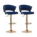 Set of 2 Height Adjustable Velvet Padded Barstools with Golden Round Base - Blue