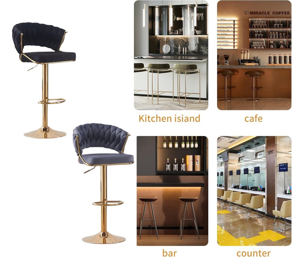 2x Height Adjustable Velvet Padded Barstools with Golden Round Base - Blue - Furniture > Bar Stools & Chairs > Table & Bar Stools - Rivercity House & Home Co. (ABN 18 642 972 209) - Affordable Modern Furniture Australia