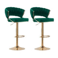 Set of 2 Height Adjustable Velvet Padded Barstools with Golden Round Base - Green