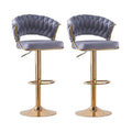Set of 2 Height Adjustable Velvet Padded Barstools with Golden Round Base - Grey