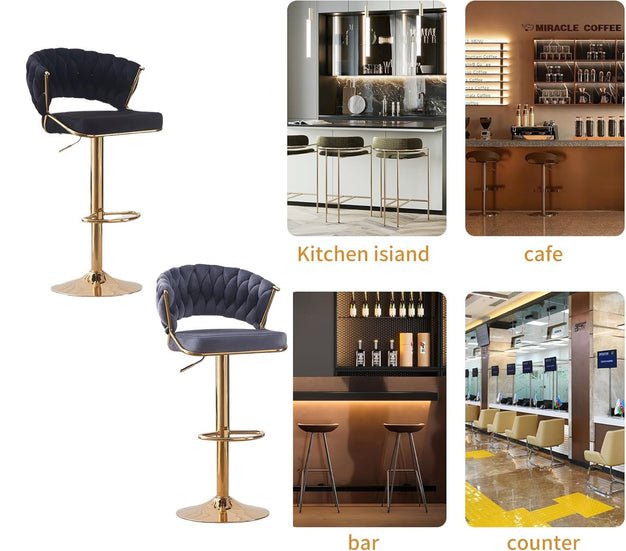 2x Height Adjustable Velvet Padded Barstools with Golden Round Base - Grey - Furniture > Bar Stools & Chairs > Table & Bar Stools - Rivercity House & Home Co. (ABN 18 642 972 209) - Affordable Modern Furniture Australia