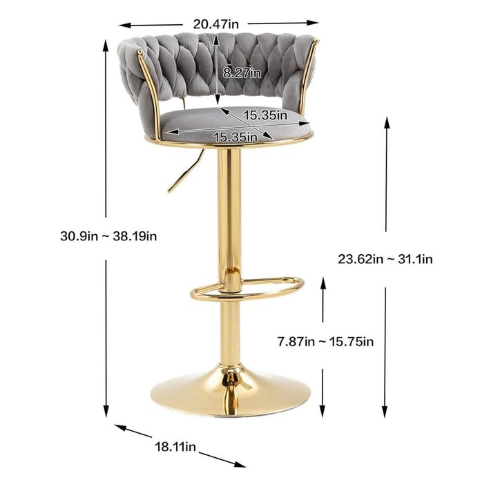 2x Height Adjustable Velvet Swivel Bar Stools with Gold Base and Padded Seat - Grey - Furniture > Bar Stools & Chairs > Table & Bar Stools - Rivercity House & Home Co. (ABN 18 642 972 209) - Affordable Modern Furniture Australia