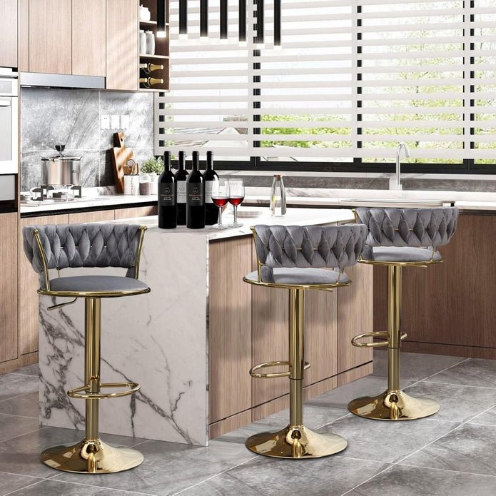 2x Height Adjustable Velvet Swivel Bar Stools with Gold Base and Padded Seat - Grey - Furniture > Bar Stools & Chairs > Table & Bar Stools - Rivercity House & Home Co. (ABN 18 642 972 209) - Affordable Modern Furniture Australia
