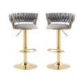 Set of 2 Height Adjustable Velvet Swivel Bar Stools with Gold Base and Padded Seat - Grey